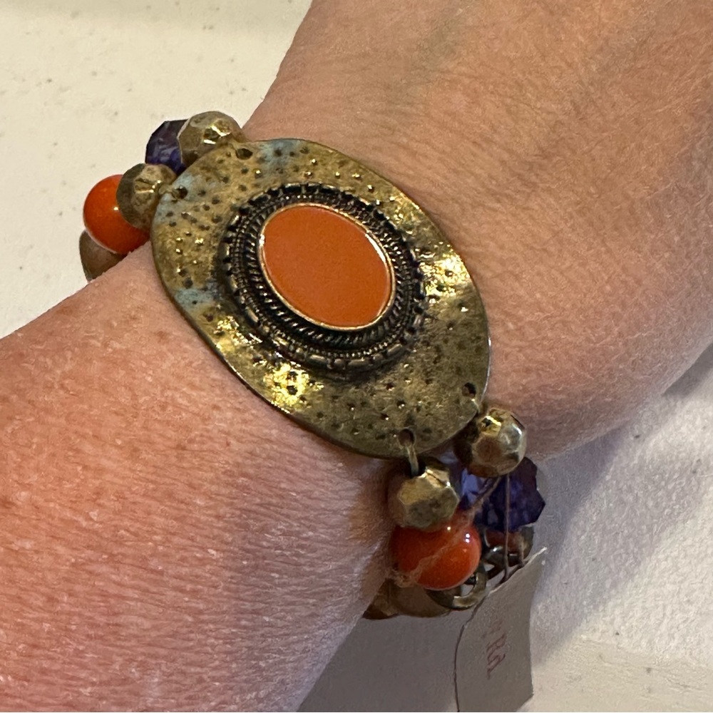 NWT Ruby Rd stretch bracelet, antiqued gold/ brass w/ orange, brown & blue beads